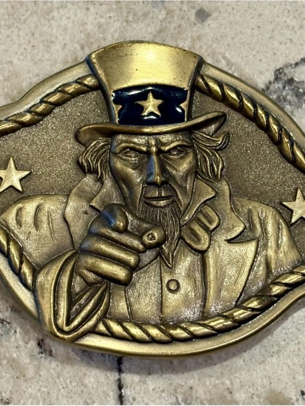 Source Unknown Brass Uncle Sam Belt Buckle with Navy Accent